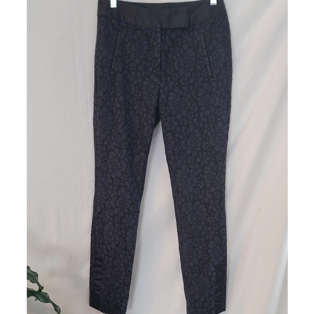 Zara Basic‎ Navy Blue Floral Lace Satin Trim Slim Fit Dress Pants Trousers XS